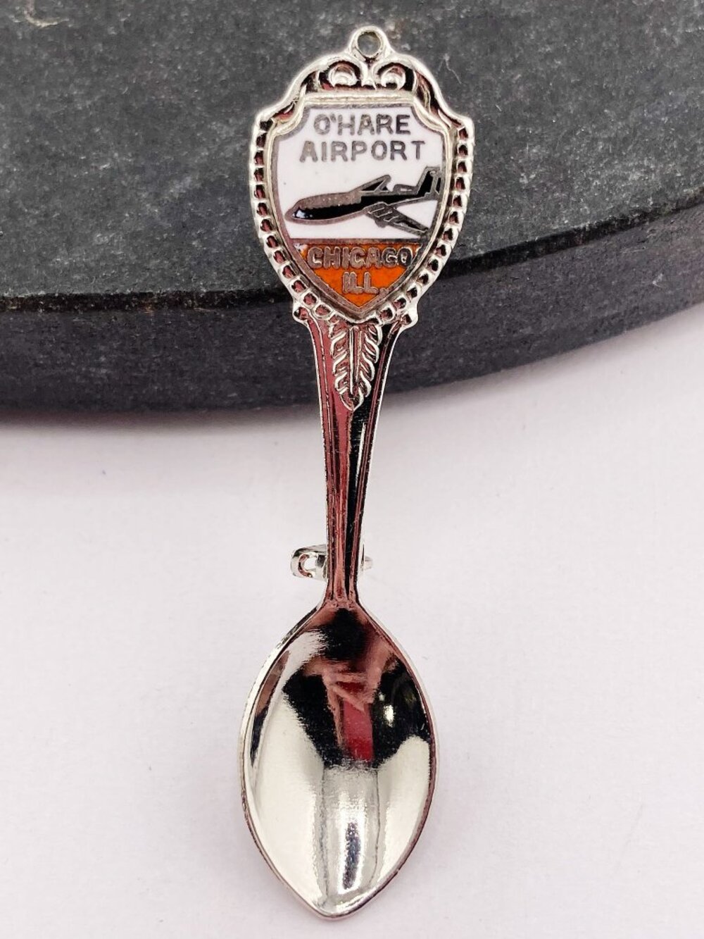 VINTAGE Silver tone metal and enamel O'Hare Airport souvenir spoon brooch pin